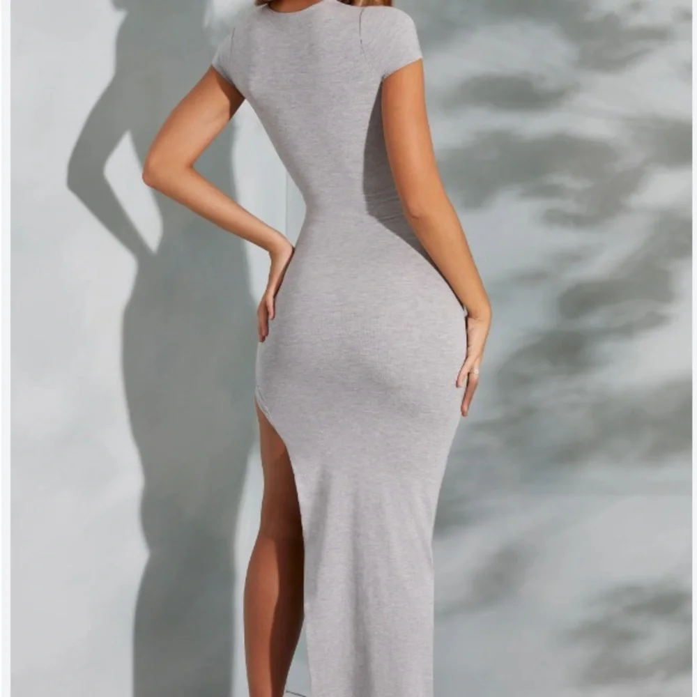 Oh Polly Drawstring Asymmetrical Short Sleeve Maxi in Marled Gray - Picture 3 of 6